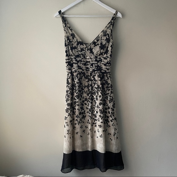 Ann Taylor Black & Tan Silk Strappy Midi Dress W/Horizontal Waist Pleats -Size 2 - Picture 3 of 13